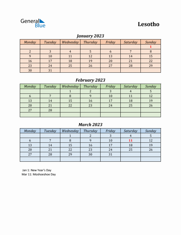 Q1 2023 Holiday Calendar - Lesotho