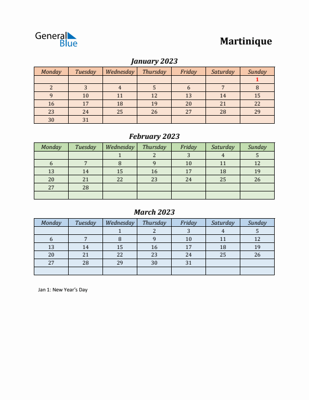 Q1 2023 Holiday Calendar - Martinique