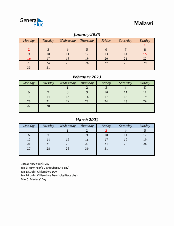 Q1 2023 Holiday Calendar - Malawi