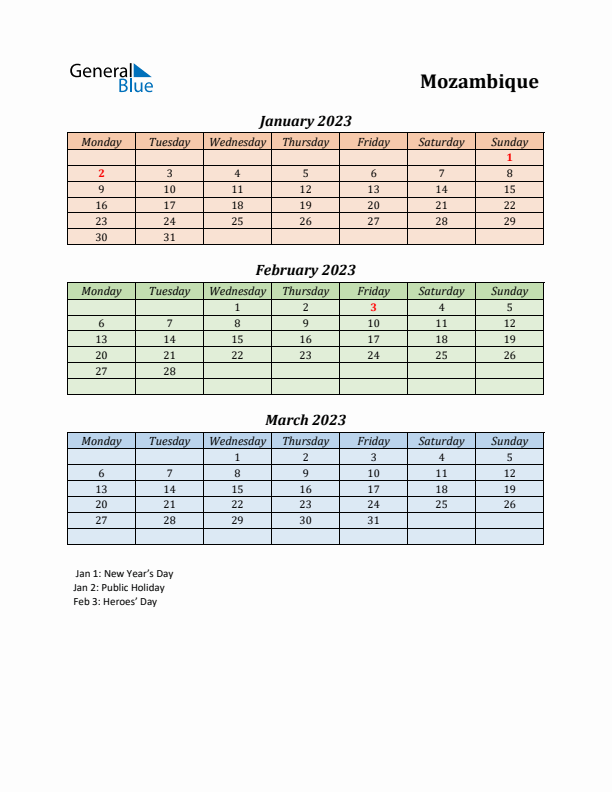 Q1 2023 Holiday Calendar - Mozambique