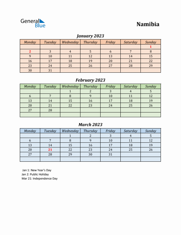 Q1 2023 Holiday Calendar - Namibia