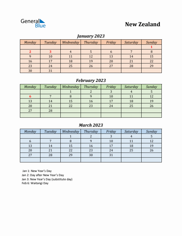 Q1 2023 Holiday Calendar - New Zealand