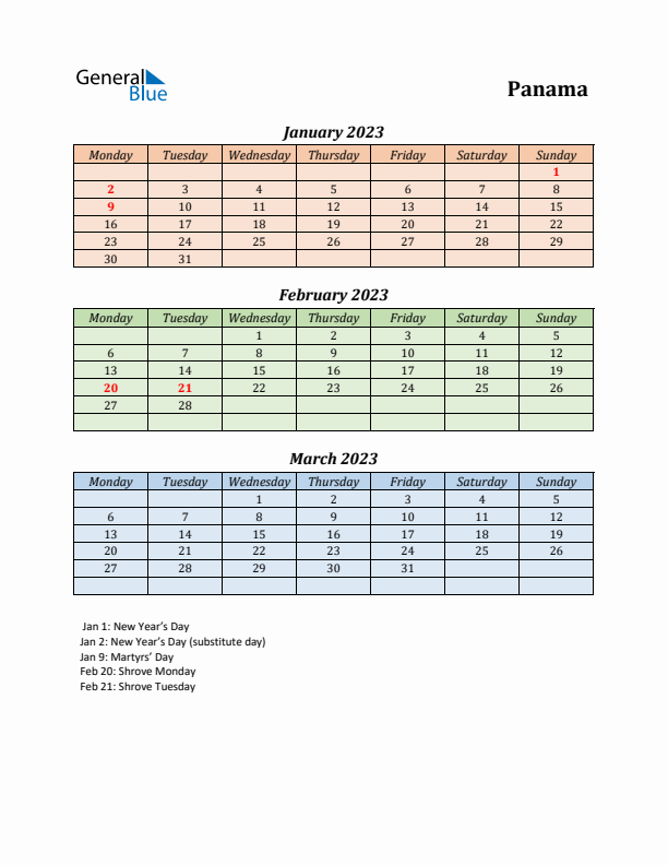 Q1 2023 Holiday Calendar - Panama