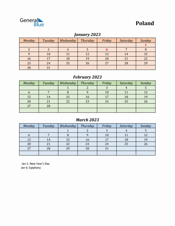 Q1 2023 Holiday Calendar - Poland