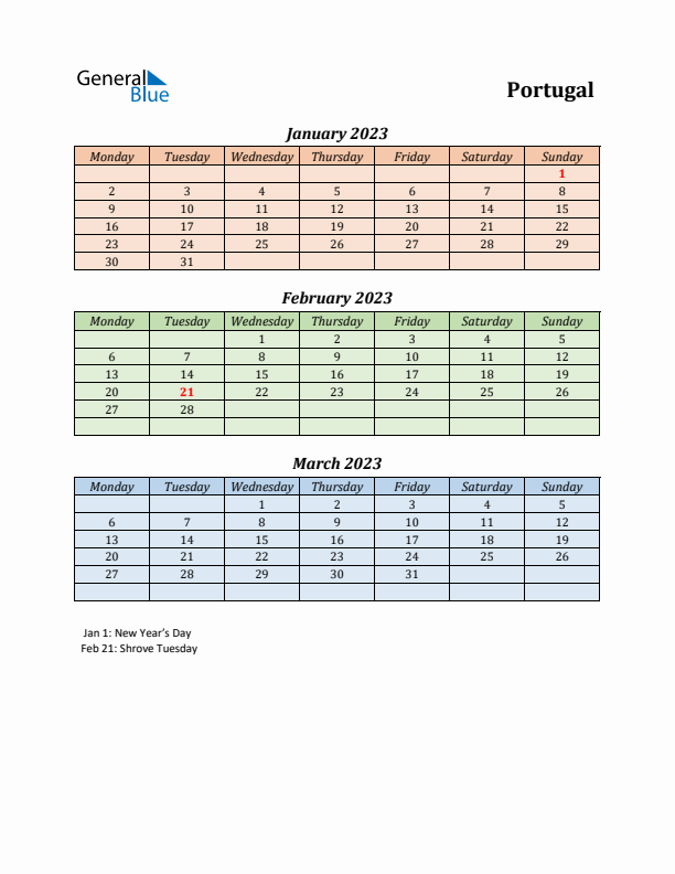 Q1 2023 Holiday Calendar - Portugal