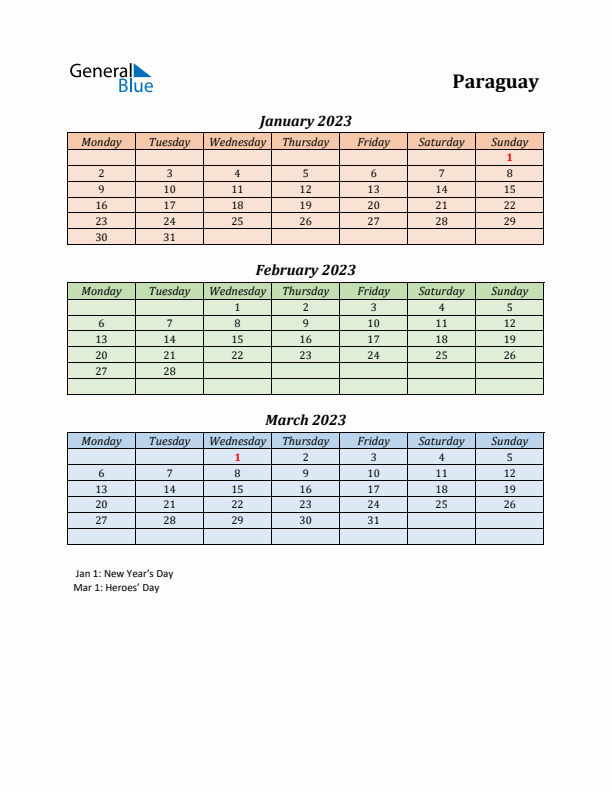 Q1 2023 Holiday Calendar - Paraguay