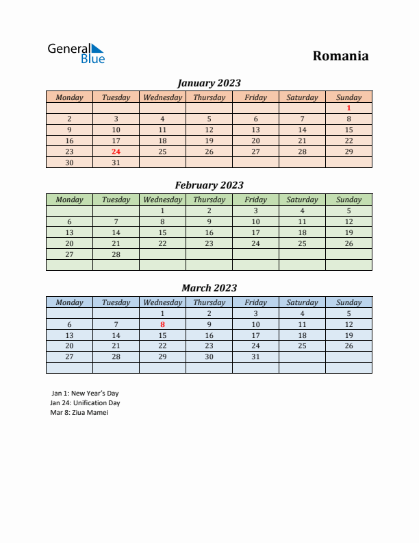 Q1 2023 Holiday Calendar - Romania