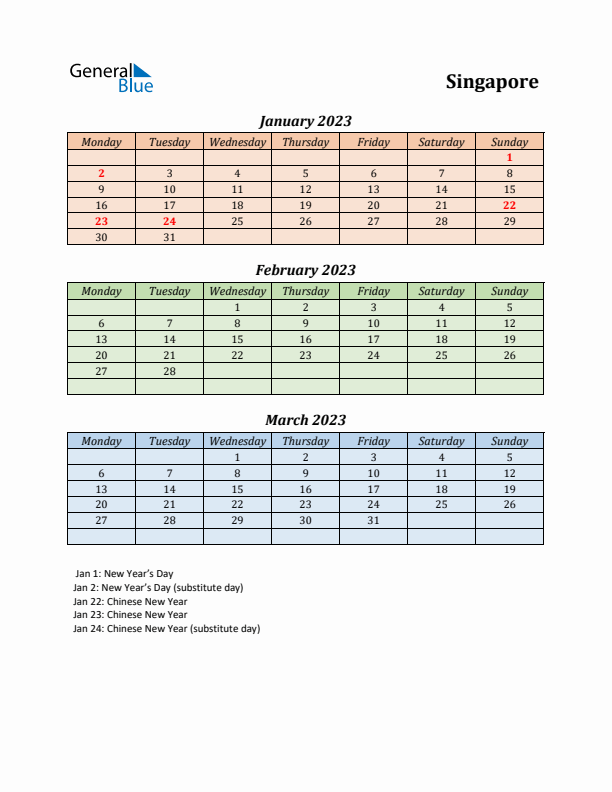 Q1 2023 Holiday Calendar - Singapore