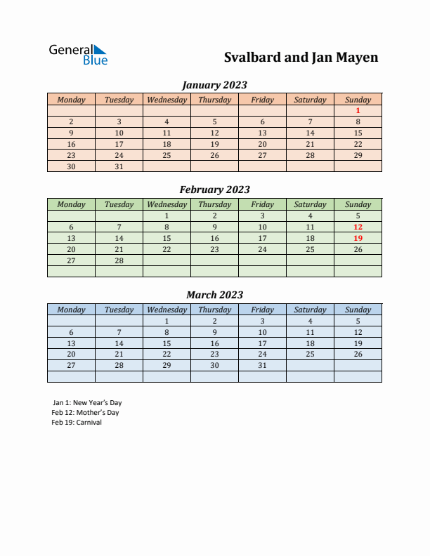 Q1 2023 Holiday Calendar - Svalbard and Jan Mayen