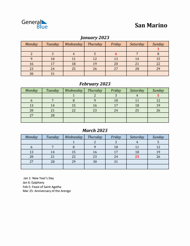 Q1 2023 Holiday Calendar - San Marino