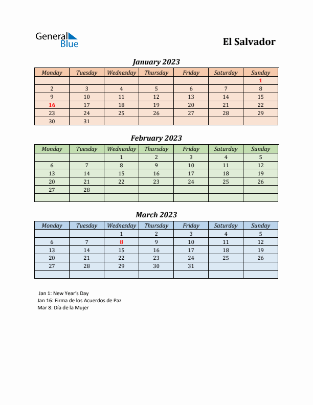 Q1 2023 Holiday Calendar - El Salvador