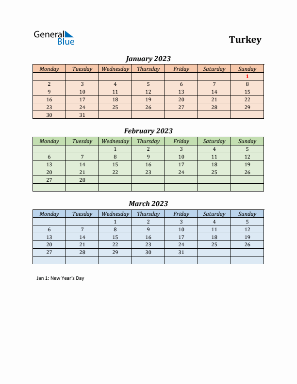 Q1 2023 Holiday Calendar - Turkey