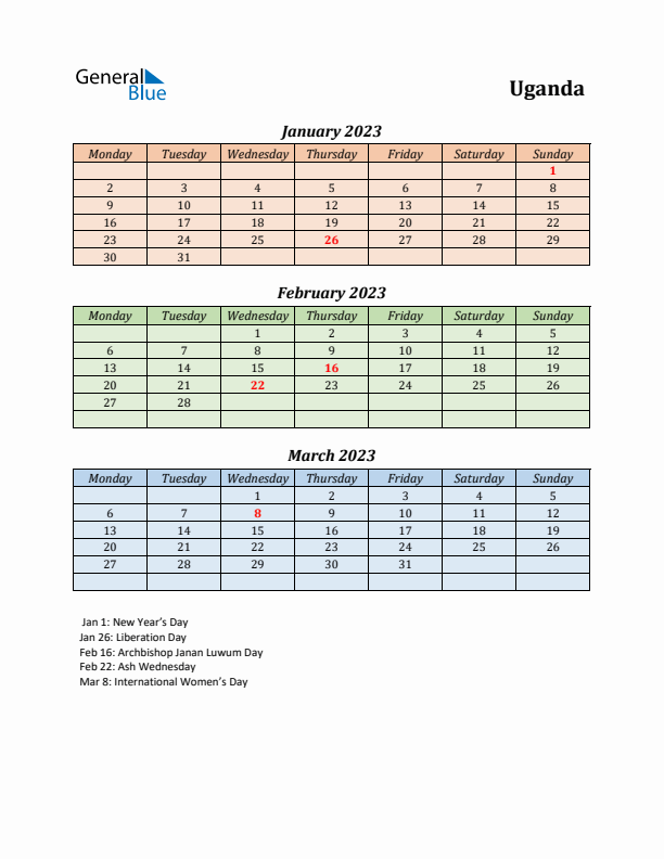 Q1 2023 Holiday Calendar - Uganda