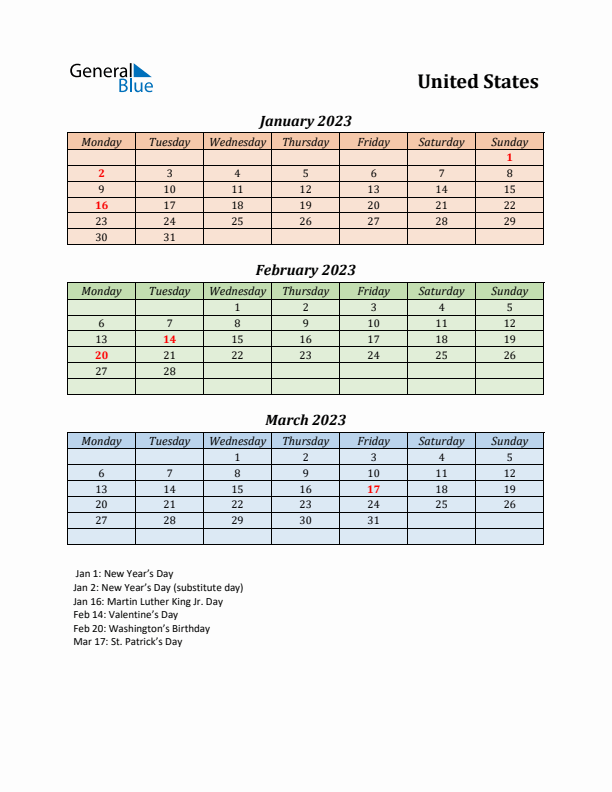 Q1 2023 Holiday Calendar - United States