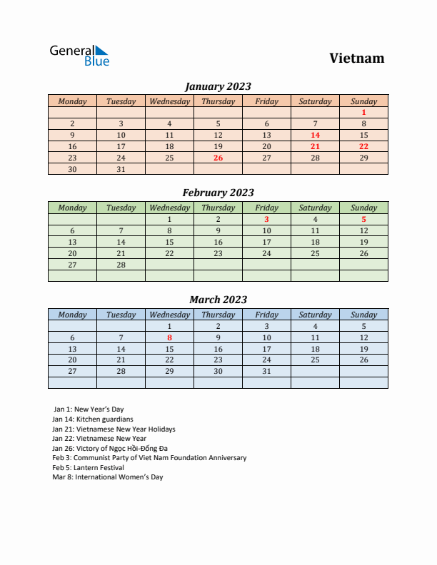 Q1 2023 Holiday Calendar - Vietnam