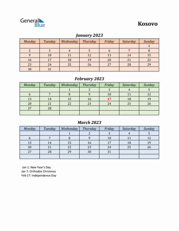 Q1 2023 Holiday Calendar - Kosovo