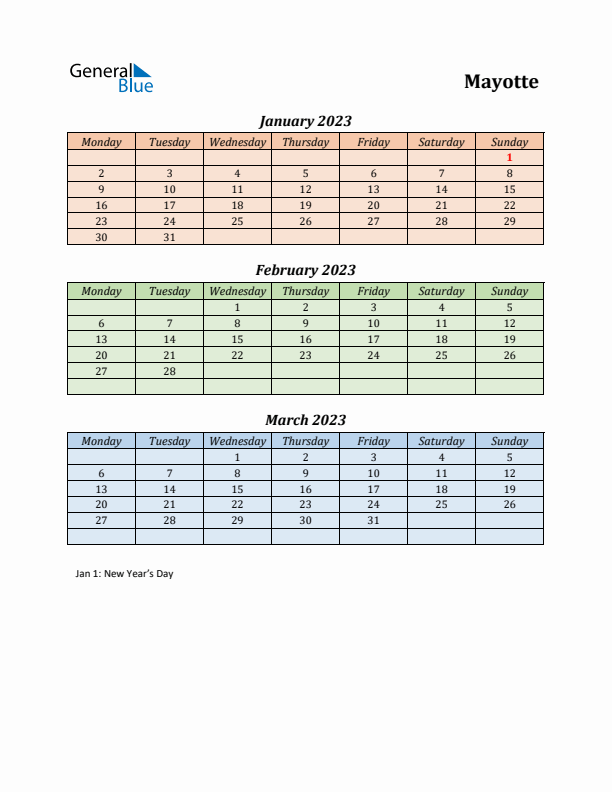 Q1 2023 Holiday Calendar - Mayotte