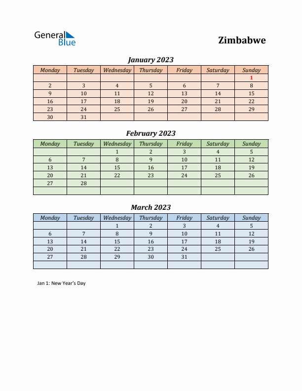 Q1 2023 Holiday Calendar - Zimbabwe