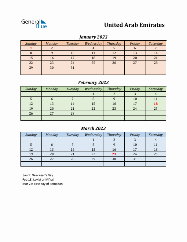 Q1 2023 Holiday Calendar - United Arab Emirates