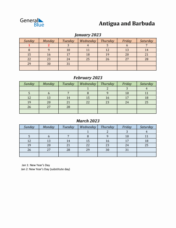 Q1 2023 Holiday Calendar - Antigua and Barbuda