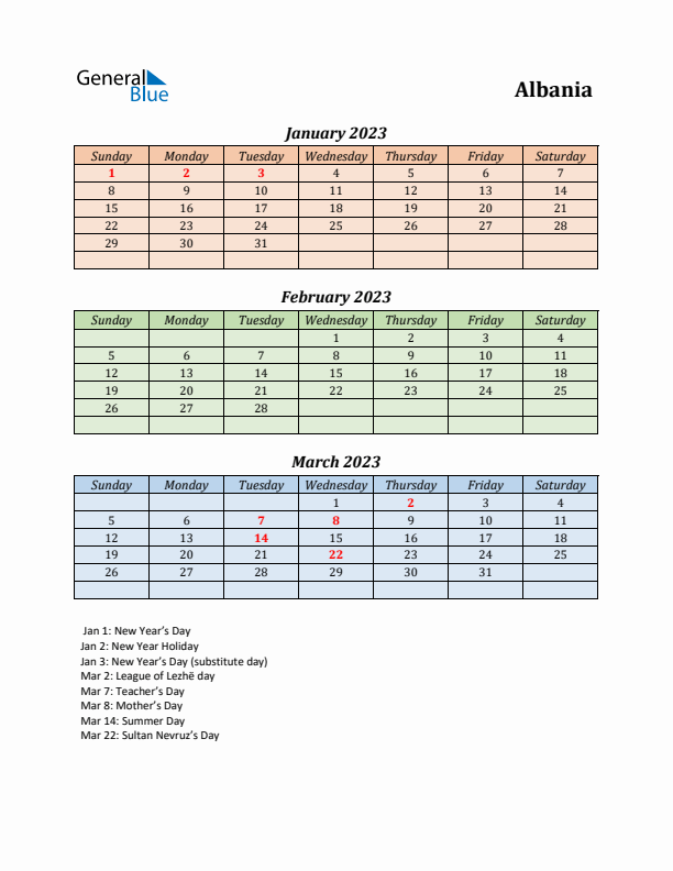 Q1 2023 Holiday Calendar - Albania