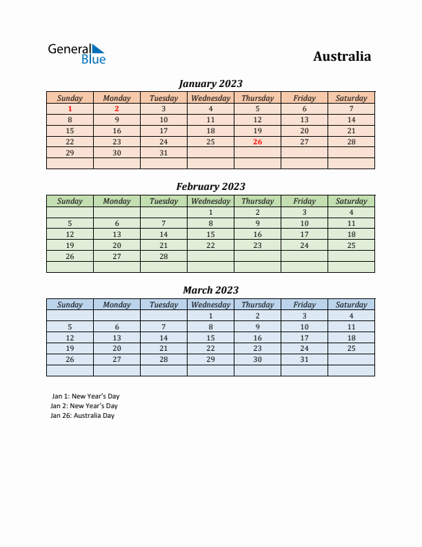 Q1 2023 Holiday Calendar - Australia