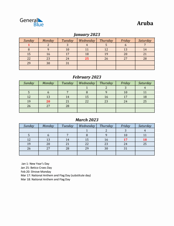 Q1 2023 Holiday Calendar - Aruba