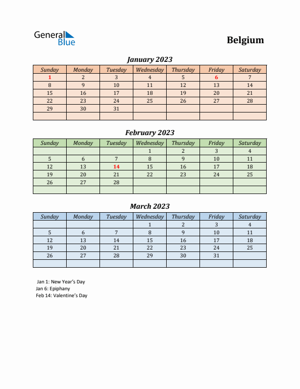 Q1 2023 Holiday Calendar - Belgium