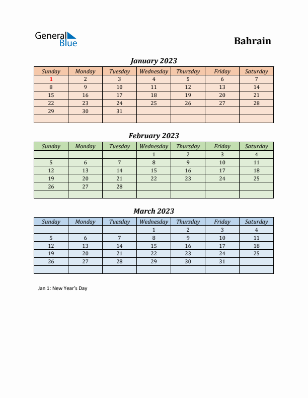 Q1 2023 Holiday Calendar - Bahrain