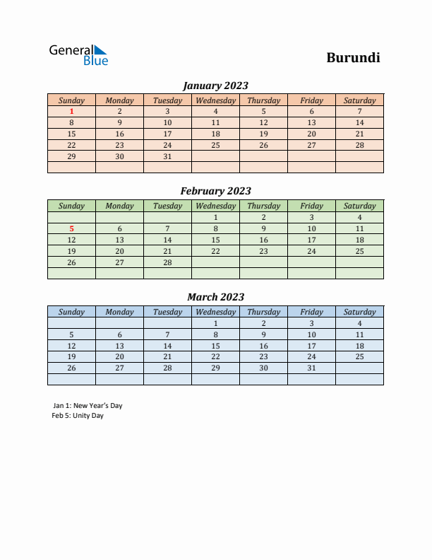 Q1 2023 Holiday Calendar - Burundi