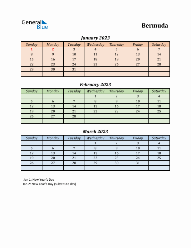 Q1 2023 Holiday Calendar - Bermuda