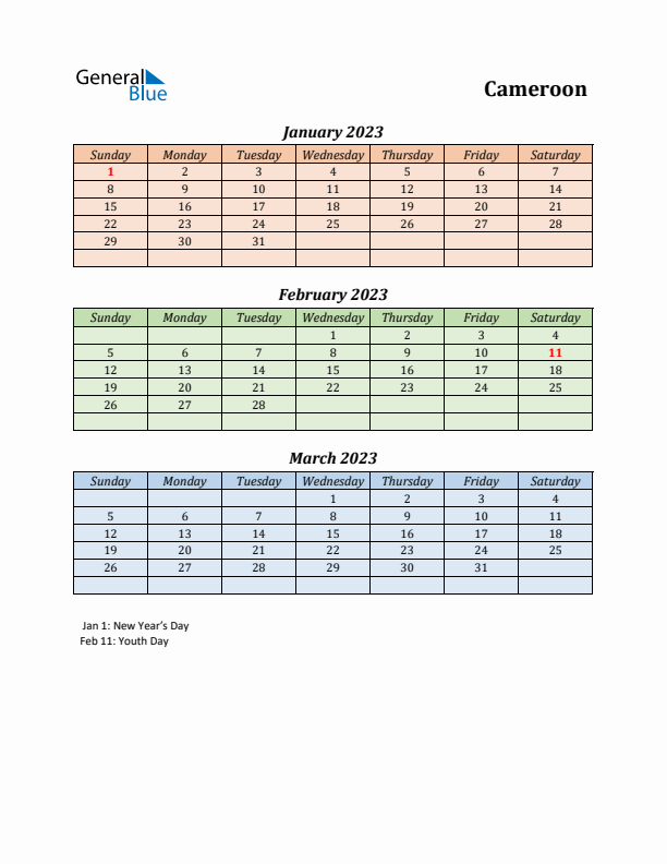 Q1 2023 Holiday Calendar - Cameroon