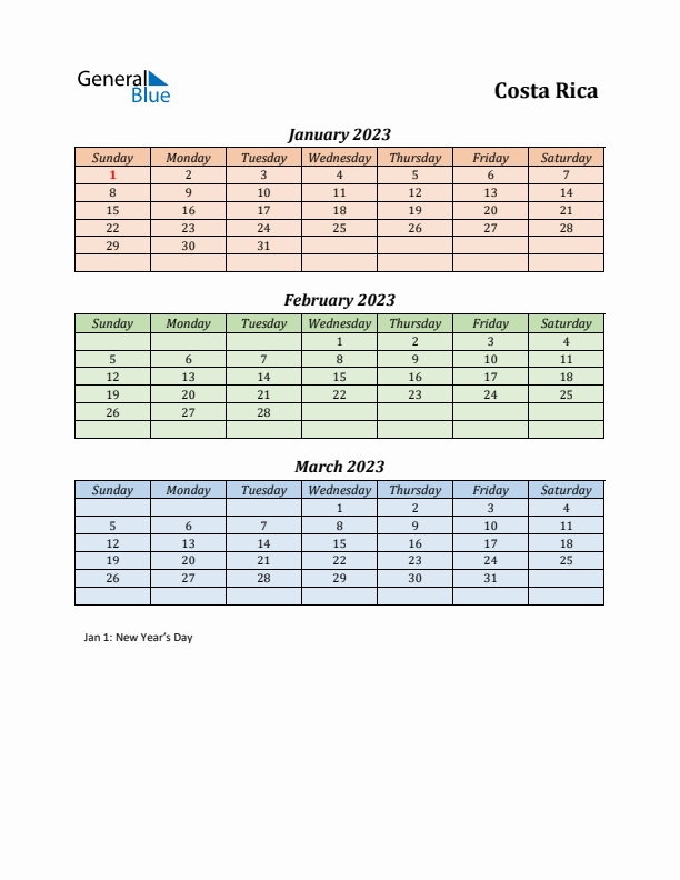 Q1 2023 Holiday Calendar - Costa Rica