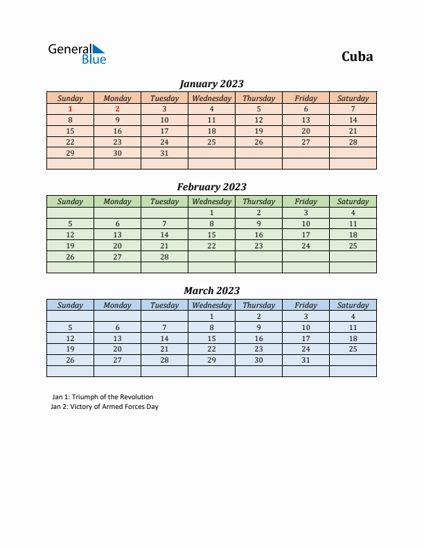 Q1 2023 Holiday Calendar - Cuba