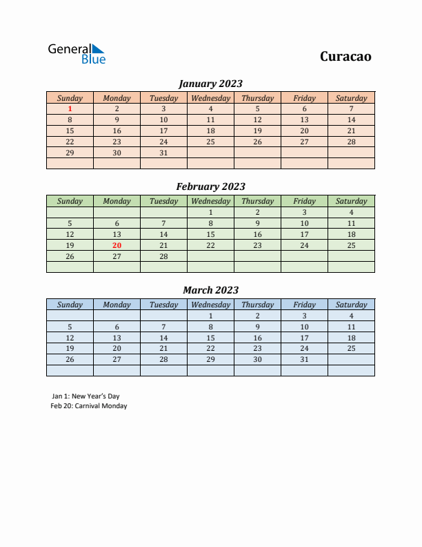 Q1 2023 Holiday Calendar - Curacao