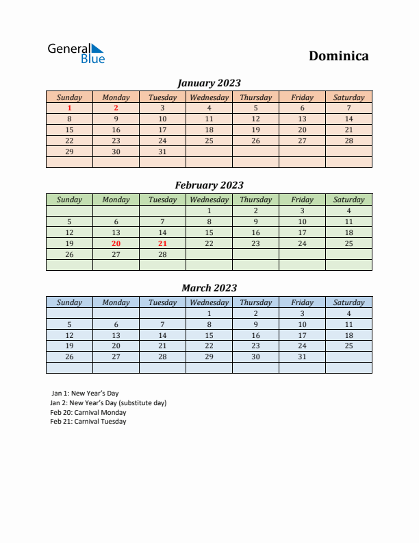 Q1 2023 Holiday Calendar - Dominica