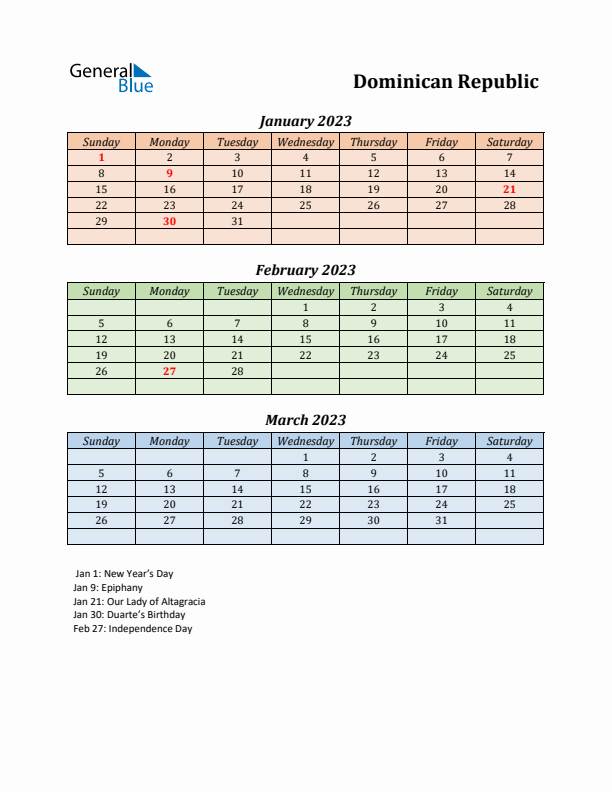 Q1 2023 Holiday Calendar - Dominican Republic