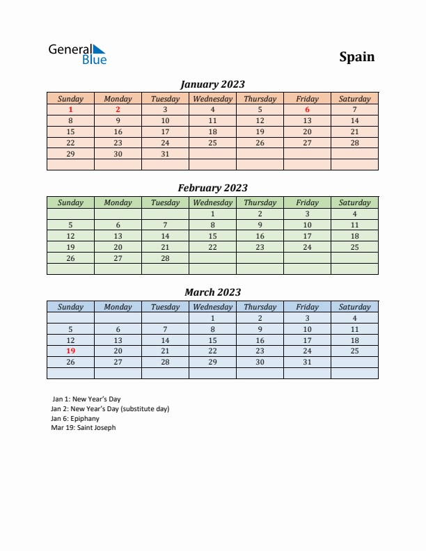 Q1 2023 Holiday Calendar - Spain