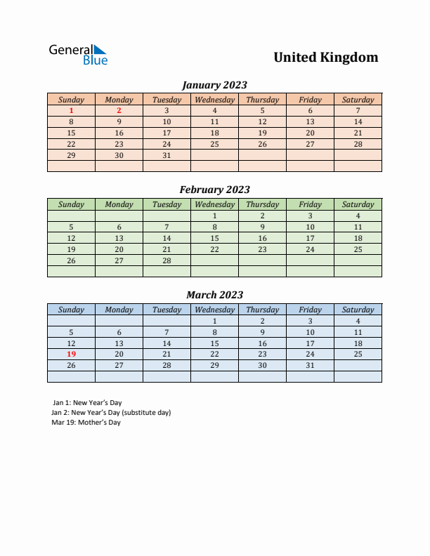 Q1 2023 Holiday Calendar - United Kingdom