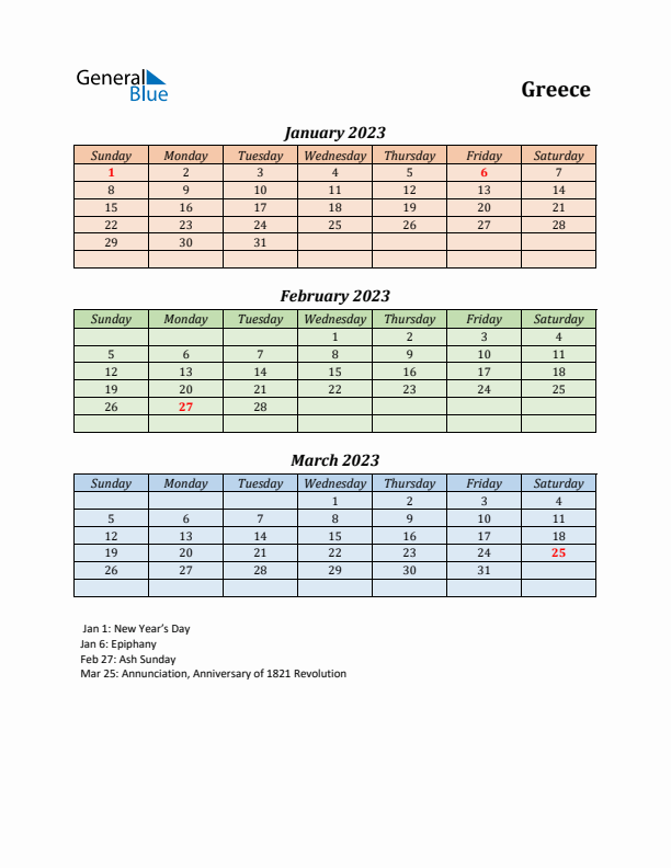 Q1 2023 Holiday Calendar - Greece