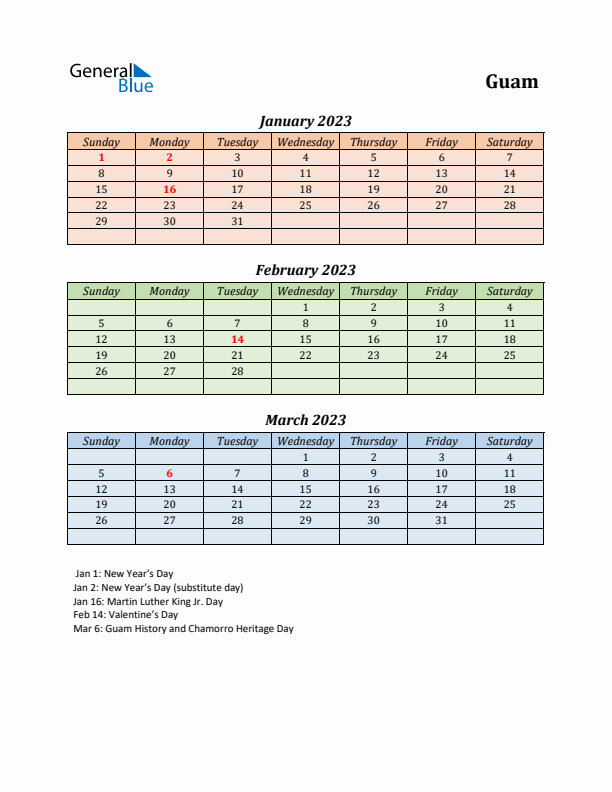 Q1 2023 Holiday Calendar - Guam