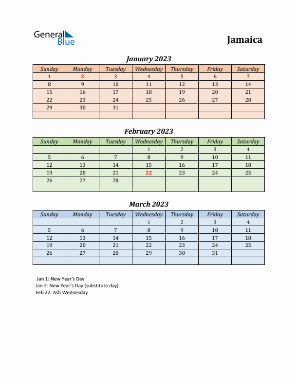 Q1 2023 Holiday Calendar - Jamaica