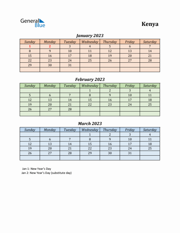 Q1 2023 Holiday Calendar - Kenya