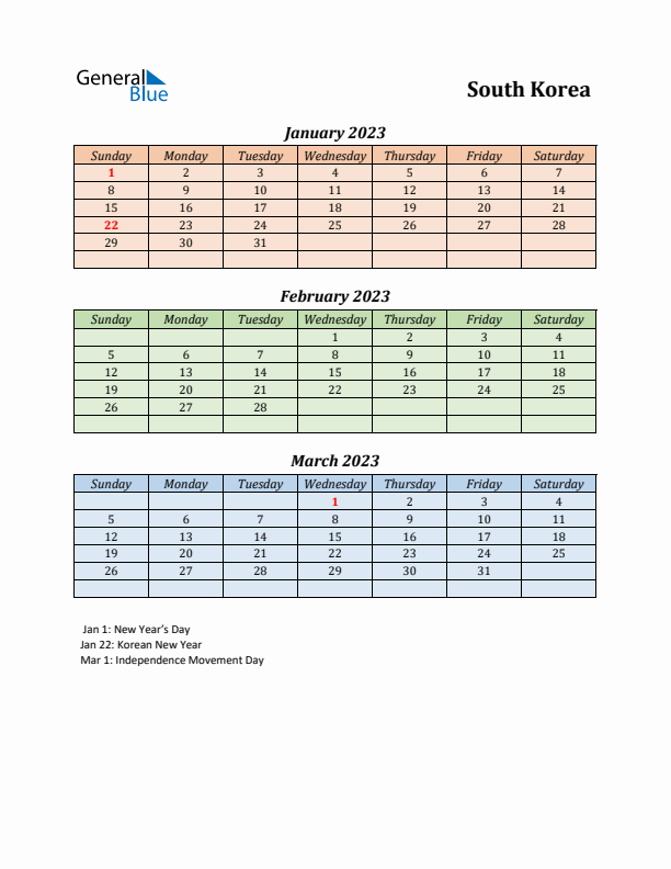 Q1 2023 Holiday Calendar - South Korea