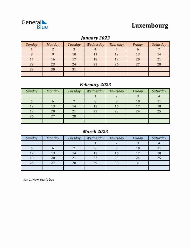 Q1 2023 Holiday Calendar - Luxembourg