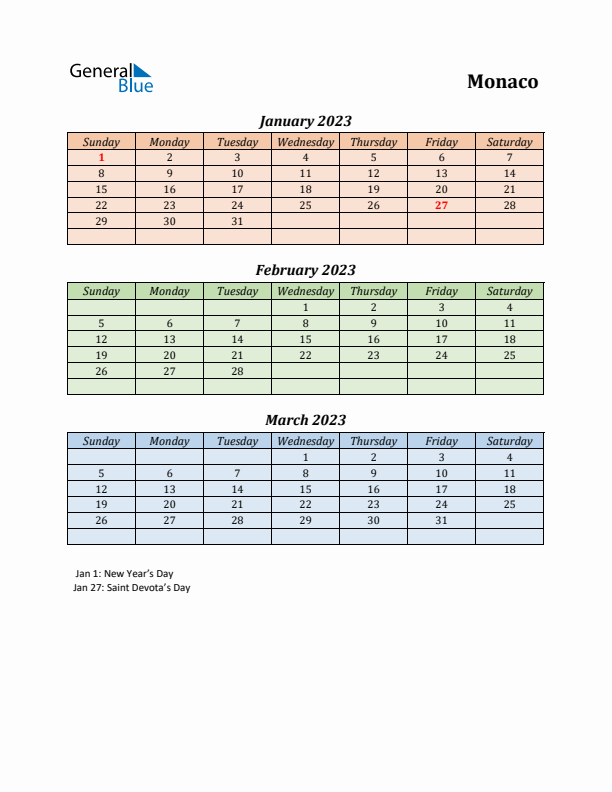 Q1 2023 Holiday Calendar - Monaco