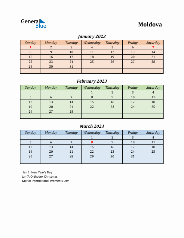 Q1 2023 Holiday Calendar - Moldova