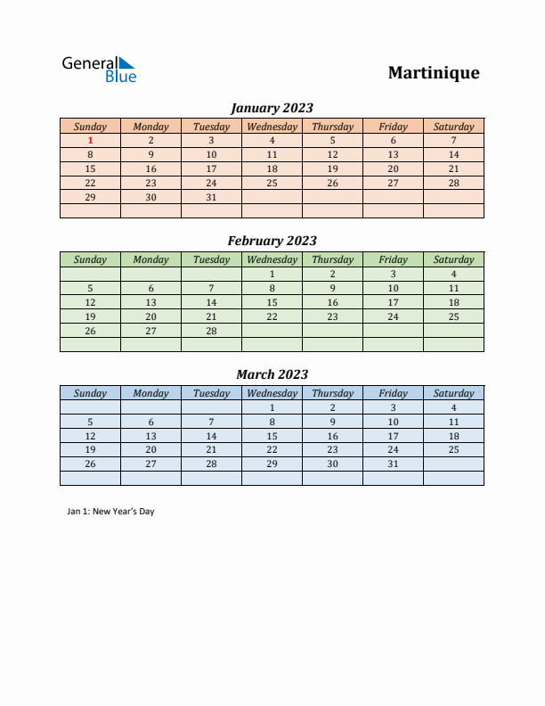 Q1 2023 Holiday Calendar - Martinique