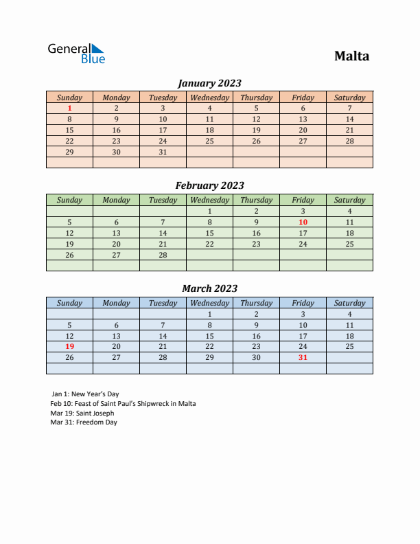 Q1 2023 Holiday Calendar - Malta