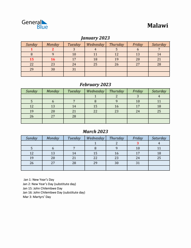 Q1 2023 Holiday Calendar - Malawi